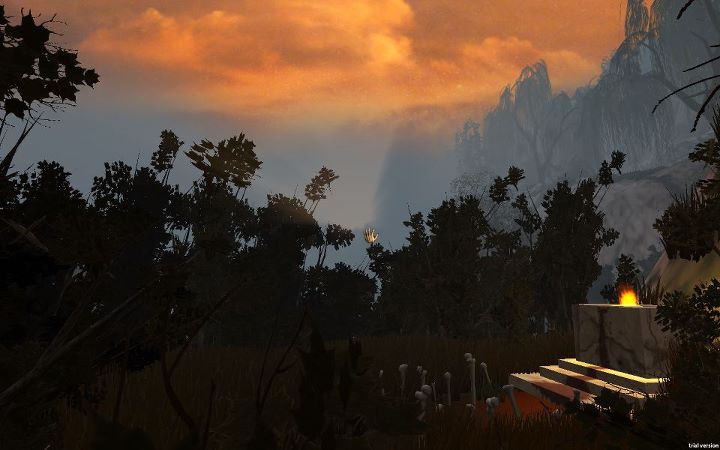 An screen capture from the game of a golden cloudy sky and forest in the background, with an eerie blood soaked alter surrounded by human looking bones in the foreground